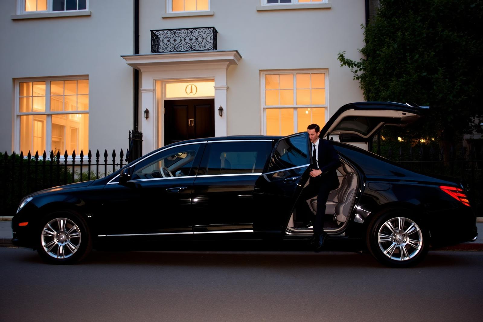 A chauffeur car waiting outside a London townhouse at dusk