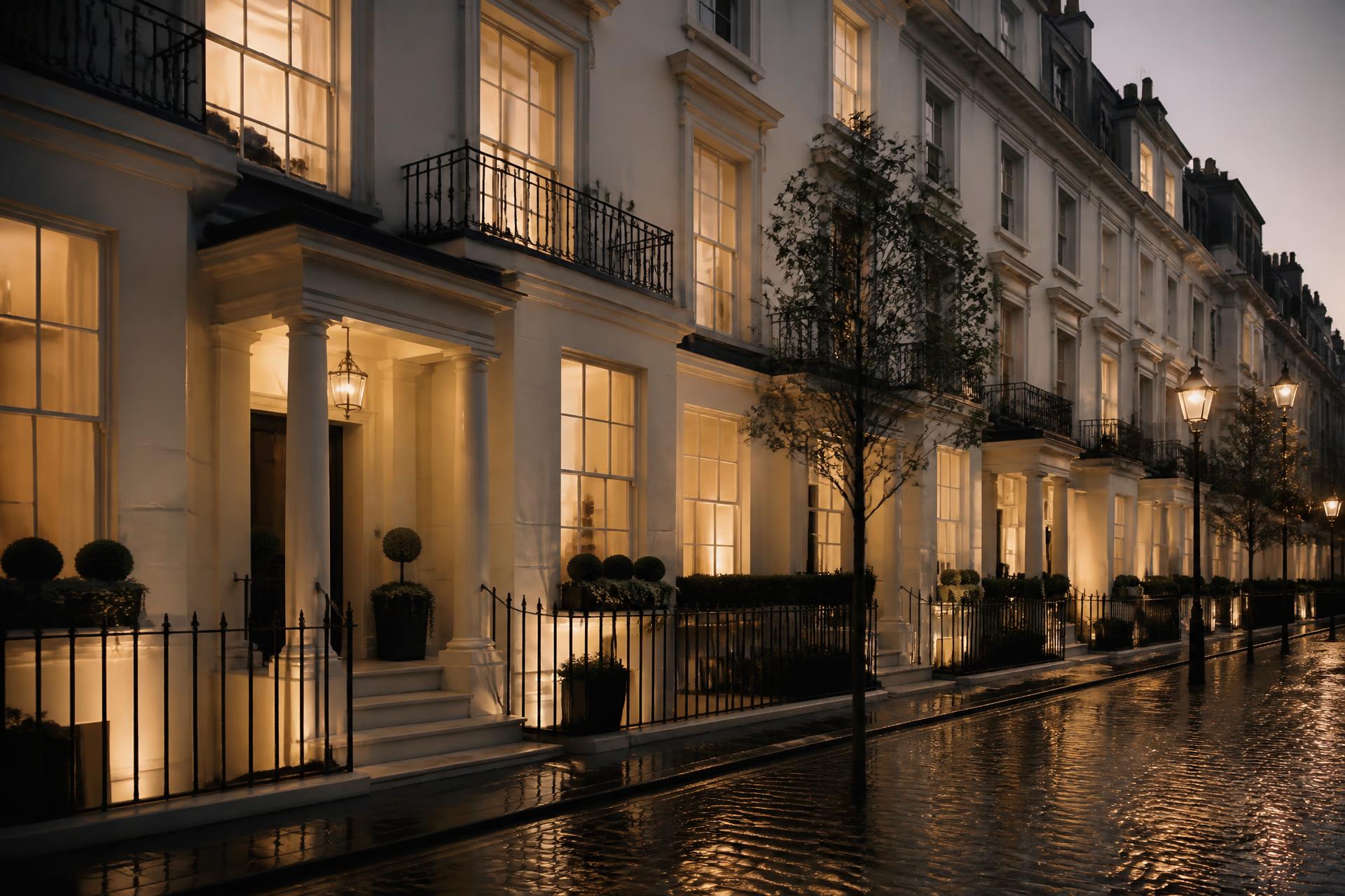 An elegant white stucco terrace in prime central London at dusk